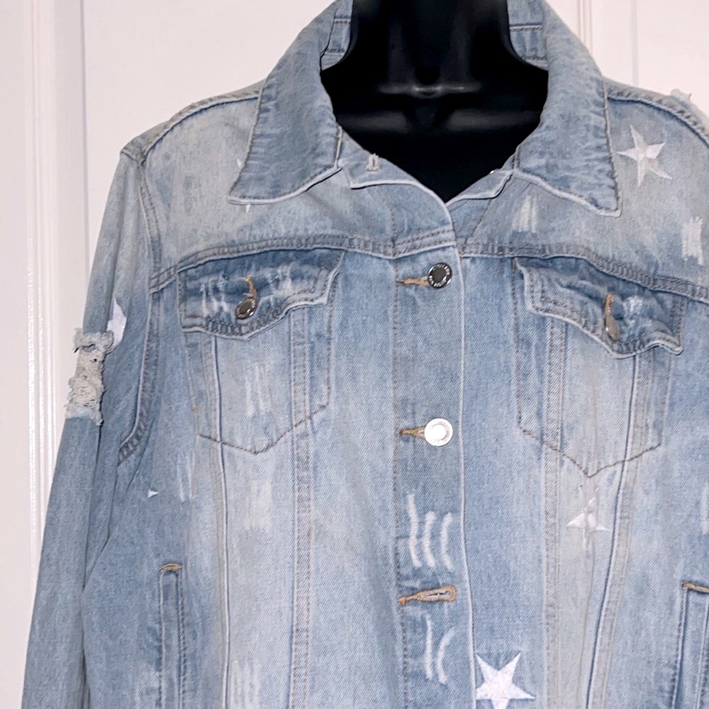 🔴 CLEARANCE🔖 ANGEL KISS EMBROIDERED STARS RIPPED DESTROYED DENIM JEAN JACKET 1X - Picture 5 of 12